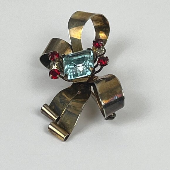 Vintage 1940s Gold Over Sterling Aqua Blue Stone Ribbon Bow Brooch - Picture 2 of 9